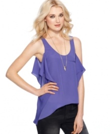 Side ruffles and an asymmetrical hi-lo hem adds edge to this BCBGeneration tank -- perfect over the season's skinny jeans! Side ruffles and an asymmetrical hi-lo hem adds edge to this BCBGeneration tank -- perfect over the season's skinny jeans!