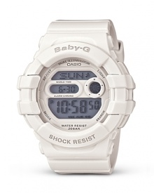 Casio's shock-resistant watch in white resin is built for both maximum performance and style, boasting techie features, an icy hue and hard-hitting attitude. Casio's shock-resistant watch in white resin is built for both maximum performance and style, boasting techie features, an icy hue and hard-hitting attitude.