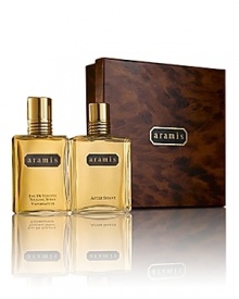 Two classic favorites for the Aramis man. This special set includes an Eau de Toilette spray 3.4oz and After Shave 4.1oz packaged in a tortoise-patterned gift box. Two classic favorites for the Aramis man. This special set includes an Eau de Toilette spray 3.4oz and After Shave 4.1oz packaged in a tortoise-patterned gift box.