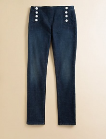 Stylish skinny jeans are updated with nautical-inspired detailing and crafted with a hint of essential stretch.Double front button closureFlat front with clean waist98% cotton/2% elastaneMachine washImported Stylish skinny jeans are updated with nautical-inspired detailing and crafted with a hint of essential stretch.Double front button closureFlat front with clean waist98% cotton/2% elastaneMachine washImported