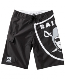 Take your fandom to the next level with these NFL board shorts from Quiksilver, featuring a cool Raiders graphic. Take your fandom to the next level with these NFL board shorts from Quiksilver, featuring a cool Raiders graphic.