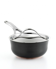 A standout in your space! The wide, shallow design with curved side edges ensures that sauces and ingredients cook evenly and thoroughly. Hard-anodized aluminum construction sandwiches a copper core to provide exceptional heat distribution. Lifetime limited warranty. A standout in your space! The wide, shallow design with curved side edges ensures that sauces and ingredients cook evenly and thoroughly. Hard-anodized aluminum construction sandwiches a copper core to provide exceptional heat distribution. Lifetime limited warranty.