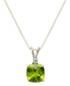 An elegant accent piece in your favorite hue. This stunning pendant features a cushion-cut peridot (1-5/8 ct. t.w.) and a round-cut diamond accent. Set in 14k gold. Approximate length: 18 inches. Approximate drop: 1 inch.