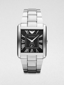 A classic timepiece with distinctive features in sleek stainless steel. Quartz movementWater resistant to 5 ATMRectangular stainless steel case, 34.5mm (1.3) X 36.5mm (1.4)Smooth bezelBlack dialRoman numeral hour markersSecond hand sub-dialStainless steel link braceletImported