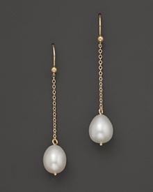 Shining freshwater pearls dangle from 14K yellow gold chains. Shining freshwater pearls dangle from 14K yellow gold chains.