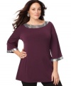 Sequined accents spotlight Charter Club's three-quarter sleeve plus size tunic top-- complete the look with leggings.