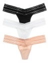 A sexy low-rise thong with a beautiful sheer striped lace waistband and lace trim at legs in basic colors. Cotton gusset.