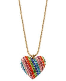 It's all about the love. On one side of this heart pendant from Betsey Johnson is a full spectrum of glass crystal accents and on the back is an inscription, Love Me. The necklace is crafted from gold-tone mixed metal for added attraction. Approximate length: 16 inches + 3-inch extender. Approximate drop: 1-1/2 inches. It's all about the love. On one side of this heart pendant from Betsey Johnson is a full spectrum of glass crystal accents and on the back is an inscription, Love Me. The necklace is crafted from gold-tone mixed metal for added attraction. Approximate length: 16 inches + 3-inch extender. Approximate drop: 1-1/2 inches.