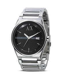 Trim an urban look with city-sleek accessories like Armani Exchange's stainless steel bracelet watch. Slip it on to give classic tailoring and sharp suits a contemporary accent. Trim an urban look with city-sleek accessories like Armani Exchange's stainless steel bracelet watch. Slip it on to give classic tailoring and sharp suits a contemporary accent.