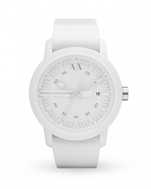 Armani Exchange encourages you to embrace your sporty side with this glossy rubber watch. Boldly styled and designed for maximum durability, it's a game changer. Armani Exchange encourages you to embrace your sporty side with this glossy rubber watch. Boldly styled and designed for maximum durability, it's a game changer.