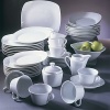 A contemporary and clean white dinnerware set in a soft, square silhouette. This 45 piece set includes: 8 dinner plates, 8 salad plates, 8 cereal/soup bowls, 8 mugs, 8 saucers, 1 platter, 1 serving bowl, creamer and sugar dish with lid.