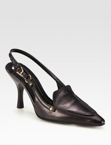 Point toe leather silhouette with chic goldtone detailing is an undeniable wardrobe staple. Self-covered heel, 3½ (90mm)Leather upperAdjustable strapLeather lining and solePadded insoleMade in ItalyOUR FIT MODEL RECOMMENDS ordering one half size down as this style runs large. Point toe leather silhouette with chic goldtone detailing is an undeniable wardrobe staple. Self-covered heel, 3½ (90mm)Leather upperAdjustable strapLeather lining and solePadded insoleMade in ItalyOUR FIT MODEL RECOMMENDS ordering one half size down as this style runs large.