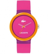 Get hypnotized by the bright neon lights of Lacoste. Unisex Goa watch crafted of pink with purple detail silicone strap and round purple plastic case with orange bezel. Pink dial features white iconic crocodile logo at twelve o'clock, white text logo at six o'clock, white cut-out hour and minute hand and orange second hand. Quartz movement. Water resistant to 30 meters. Two-year limited warranty.