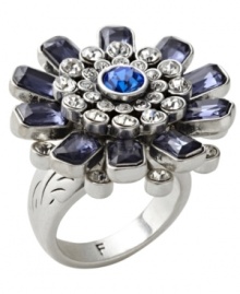 Elegant and exquisite. A unique layered silhouette adds a luxe look to Fossil's stunning cocktail ring. Featuring a glittering array of blue and clear crystals, it's set in vintage silver tone mixed metal. Size 7. Elegant and exquisite. A unique layered silhouette adds a luxe look to Fossil's stunning cocktail ring. Featuring a glittering array of blue and clear crystals, it's set in vintage silver tone mixed metal. Size 7.