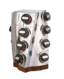 Bold flavors deserve bold design. Neil Cohen's Twist spice rack includes 16 delectable herbs and spices, from parsley to curry powder, in a tower of lustrous Nambe metal. A rotating base makes finding the right flavors and restocking bottles a cinch.