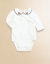 A classic cotton bodysuit gets a fancy update with colorful rose embroidery and scalloped detailing.Scalloped Peter Pan collarLong sleevesBack snapsBottom snapsCottonMachine washImported Please note: Number of snaps may vary depending on size ordered. 