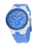 Keep cool under pressure with this ocean-blue Cambridge watch by adidas. Blue silicone bracelet and round clear nylon plastic case with blue bezel insert. Blue grid-patterned chronograph dial features numerals at three, six and nine o'clock, stick indices, minute track, date window at four o'clock, three subdials and logo at twelve o'clock. Quartz movement. Water resistant to 50 meters. Two-year limited warranty.