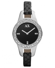 An exotic change of pace from AX Armani Exchange: an alluring timepiece with black leather and Swarovski sparkle. An exotic change of pace from AX Armani Exchange: an alluring timepiece with black leather and Swarovski sparkle.