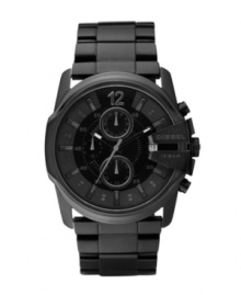 Diesel takes this classic chronograph watch into the black. Black ion-plated stainless steel bracelet and round case. Bezel engraved with logo at three o'clock. Black sunray chronograph dial features applied and printed stick indices, numeral at twelve o'clock, date window at three o'clock, three subdials and luminous hands. Quartz movement. Water resistant to 100 meters. Two-year limited warranty. Diesel takes this classic chronograph watch into the black. Black ion-plated stainless steel bracelet and round case. Bezel engraved with logo at three o'clock. Black sunray chronograph dial features applied and printed stick indices, numeral at twelve o'clock, date window at three o'clock, three subdials and luminous hands. Quartz movement. Water resistant to 100 meters. Two-year limited warranty.
