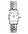 Time to shine. This beautiful Bulova watch features a stainless steel bracelet and rounded rectangular case. Diamond accents at bezel. White mother-of-pearl dial with logo and silvertone stick indices. Quartz movement. Three-year limited warranty.