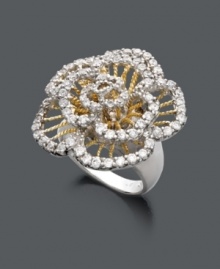 Flirty, filigree, and floral. B. Brilliant's enchanting ring features a chic floral shape decorated with round-cut cubic zirconias (3-1/10 ct. t.w.). Crafted in 18k gold over sterling silver and sterling silver. Size 7. Flirty, filigree, and floral. B. Brilliant's enchanting ring features a chic floral shape decorated with round-cut cubic zirconias (3-1/10 ct. t.w.). Crafted in 18k gold over sterling silver and sterling silver. Size 7.