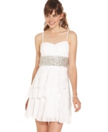 Soft tiers are accented by jeweled applique on this sweet and fluttery dress from B Darlin. Soft tiers are accented by jeweled applique on this sweet and fluttery dress from B Darlin.