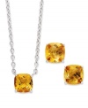 A fun and colorful update to your wardrobe, this matching pendant and earrings set features cushion-cut citrine (5 ct. t.w.) set in sterling silver. Approximate length: 18 inches. Approximate drop (pendant): 1/4 inch. Approximate drop (earrings): 1/4 inch.