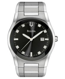 Gleaming perfection. This Bulova watch features a stainless steel bracelet and round case. Black dial with eight diamond accents at indices, logo and date window. Quartz movement. Water resistant to 30 meters. Three-year limited warranty. Gleaming perfection. This Bulova watch features a stainless steel bracelet and round case. Black dial with eight diamond accents at indices, logo and date window. Quartz movement. Water resistant to 30 meters. Three-year limited warranty.