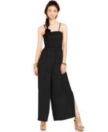 Palazzo pants compliment a smocked and fitted top on this jumpsuit from American Rag that thrives on grand proportions! Palazzo pants compliment a smocked and fitted top on this jumpsuit from American Rag that thrives on grand proportions!