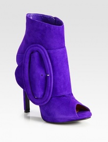 Lush suede covers this sky-high peep toe design with an exaggerated buckle for a luxe effect. Self-covered heel, 5 (125mm)Covered platform, ½ (15mm)Compares to a 4½ heel (115mm)Suede upperSide zip and adjustable buckle strapLeather lining and solePadded insoleMade in Italy Lush suede covers this sky-high peep toe design with an exaggerated buckle for a luxe effect. Self-covered heel, 5 (125mm)Covered platform, ½ (15mm)Compares to a 4½ heel (115mm)Suede upperSide zip and adjustable buckle strapLeather lining and solePadded insoleMade in Italy