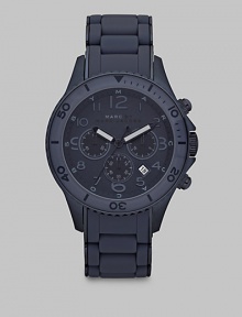 A signature design with timeless elements, set in stainless steel with tonal textures, a three-eye chronograph function and date display, stylishly finished with a smooth, silicone wrap bracelet.Chronograph movementRound bezelWater resistant to 5ATMDate display at 5 o'clock Second handStainless steel case: 46mm(1.81)Silicone wrap braceletImported A signature design with timeless elements, set in stainless steel with tonal textures, a three-eye chronograph function and date display, stylishly finished with a smooth, silicone wrap bracelet.Chronograph movementRound bezelWater resistant to 5ATMDate display at 5 o'clock Second handStainless steel case: 46mm(1.81)Silicone wrap braceletImported