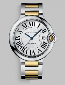 Elegant automatic timepiece in steel with 18k yellow gold accents. Round face Case, 42mm X 13mm, 1.65 X 0.51 Roman numeral markers Date display Second hand Band width, 20mm, 0.79 Made in Switzerland Elegant automatic timepiece in steel with 18k yellow gold accents. Round face Case, 42mm X 13mm, 1.65 X 0.51 Roman numeral markers Date display Second hand Band width, 20mm, 0.79 Made in Switzerland