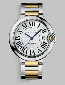 Elegant automatic timepiece in steel with 18k yellow gold accents. Round face Case, 42mm X 13mm, 1.65 X 0.51 Roman numeral markers Date display Second hand Band width, 20mm, 0.79 Made in Switzerland