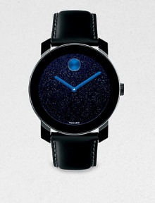 Bold watch accented with blue details with a black TR90 and stainless steel case and a blue sandstone dial. Swiss quartz movementWater resistant to 3 ATMRound TR90 and stainless steel case, 42mm (1.6) Smooth bezelBlue sandstone dial with blue handsBlack coated leather strap Made in Switzerland Bold watch accented with blue details with a black TR90 and stainless steel case and a blue sandstone dial. Swiss quartz movementWater resistant to 3 ATMRound TR90 and stainless steel case, 42mm (1.6) Smooth bezelBlue sandstone dial with blue handsBlack coated leather strap Made in Switzerland