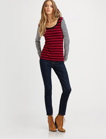 Contrast stripes converge in this eye-popping scoopneck top.Long sleevesPullover styleAbout 22¼ from shoulder to hem94% viscose/6% elastomeroDry cleanMade in USA of Italian fabric Contrast stripes converge in this eye-popping scoopneck top.Long sleevesPullover styleAbout 22¼ from shoulder to hem94% viscose/6% elastomeroDry cleanMade in USA of Italian fabric