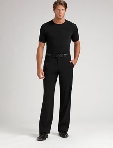 Flat-front style with on-seam pockets. Front zipper Belt loops Wool/elastene; dry clean Imported