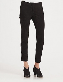 Glossy patent leather piping outlines these cropped leggings of soft, French suede. Hook-and-eye closureZip flyFully linedRise, about 8Inseam, about 27Suede with patent leather trimDry clean with leather specialistImported of French fabricModel shown is 5'11 (178cm) wearing US size 4. Glossy patent leather piping outlines these cropped leggings of soft, French suede. Hook-and-eye closureZip flyFully linedRise, about 8Inseam, about 27Suede with patent leather trimDry clean with leather specialistImported of French fabricModel shown is 5'11 (178cm) wearing US size 4.