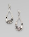 From the Ambrosia Collection. Delicate sterling silver teardrop hoops sparkle with hematite, white sapphire, pink corundum, clear crystal and black mother of pearl.Hematite, white sapphire, pink corundum, crystal and black mother of pearlSterling silverDrop, about 2¼Hinge-and-post backImported