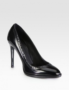Traditional perforated details line this sophisticated pump of Italian leather with a hint of sheen. Stacked heel, 4 (100mm)Leather upperLeather lining and solePadded insoleMade in Italy