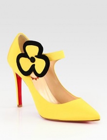 Classic point toe silhouette of rich satin is topped with a whimsical suede-trimmed flower. Self-covered heel, 4 (100mm)Satin and suede upperPoint toeAnkle strap with snap closureLeather liningSignature red leather solePadded insoleMade in Italy Classic point toe silhouette of rich satin is topped with a whimsical suede-trimmed flower. Self-covered heel, 4 (100mm)Satin and suede upperPoint toeAnkle strap with snap closureLeather liningSignature red leather solePadded insoleMade in Italy