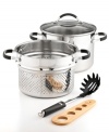 The key to pasta control. Equip your kitchen to make healthier, portion-controlled servings with this pasta steamer set, which features a stainless steel saucepot with convenient interior measuring marks for easily whipping up Weight Watchers recipes right at home. The included wooden measuring tool makes decisions easy by telling you exactly how much pasta to prep. Lifetime warranty.