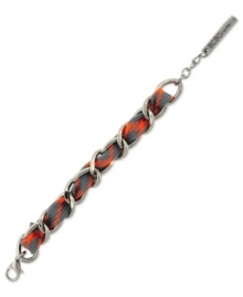 Intertwined appeal. BCBGeneration gives a colorful twist to its chain link bracelet, crafted from silver-tone mixed metal. An orange and gray cord adds a vibrant touch. Approximate length: 8 inches. Intertwined appeal. BCBGeneration gives a colorful twist to its chain link bracelet, crafted from silver-tone mixed metal. An orange and gray cord adds a vibrant touch. Approximate length: 8 inches.