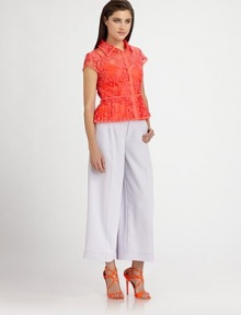 This comely lace button-down styled with a flared peplum layers over a fitted cami for sheer perfection.Point collarShort sleevesButton frontSet-in waistGathered peplumAbout 21 from shoulder to hem50% cotton/50% nylonDry cleanMade in USA of imported fabricModel shown is 5'8½ (174cm) wearing US size 4. This comely lace button-down styled with a flared peplum layers over a fitted cami for sheer perfection.Point collarShort sleevesButton frontSet-in waistGathered peplumAbout 21 from shoulder to hem50% cotton/50% nylonDry cleanMade in USA of imported fabricModel shown is 5'8½ (174cm) wearing US size 4.
