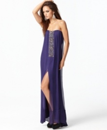 BCBGMAXAZRIA elevates the bohemian silhouette of this silk dress with the addition of a sparkling jeweled front placket and a sexy thigh-high slit at the front of the skirt. (Clearance) BCBGMAXAZRIA elevates the bohemian silhouette of this silk dress with the addition of a sparkling jeweled front placket and a sexy thigh-high slit at the front of the skirt. (Clearance)