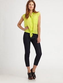 Your favorite silk button-down, cropped and sleeveless with a chic tie-front hem.Point collarExtended shouldersButton-down placketChest pocketAbout 25 from shoulder to hemSilkDry cleanImportedModel shown is 5'8½ (174cm) wearing US size Small. Your favorite silk button-down, cropped and sleeveless with a chic tie-front hem.Point collarExtended shouldersButton-down placketChest pocketAbout 25 from shoulder to hemSilkDry cleanImportedModel shown is 5'8½ (174cm) wearing US size Small.