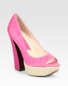 Vivacious suede peep toe style with an espadrille platform and sculpted block heel. Self-covered heel, 5 (125mm)Hemp-covered platform, 1 (25mm)Compares to a 4 heel (100mm)Suede upperLeather lining and solePadded insoleImported