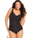 Miraclesuit's slimming secrets create a truly flattering fit. Ruching and a deep scoop back neckline create a perfect plus size swimsuit for a trip to the pool or beach!