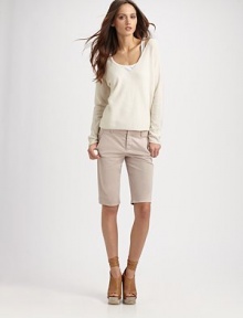 Stretchy cotton favorite in an on-trend Bermuda silhouette. Hook-and-eye and button closureFront zipperSlash pocketsBack besom pocketsInseam, about 1298% cotton/2% elastaneDry cleanMade in USA of imported fabricModel shown is 5'11 (180cm) wearing US size 4. Stretchy cotton favorite in an on-trend Bermuda silhouette. Hook-and-eye and button closureFront zipperSlash pocketsBack besom pocketsInseam, about 1298% cotton/2% elastaneDry cleanMade in USA of imported fabricModel shown is 5'11 (180cm) wearing US size 4.