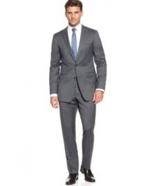 Show some steel. This gray pinstriped suit from Calvin Klein makes the right power move.