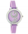 Modernly abstract styling and a unexpected color make this D&G Hoop-La watch a bold choice. Lavender silicone strap and round stainless steel case. Lavender dial features large silvertone D&G logo and silvertone hour and minute hands. Quartz movement. Water resistant to 30 meters. Two-year limited warranty.
